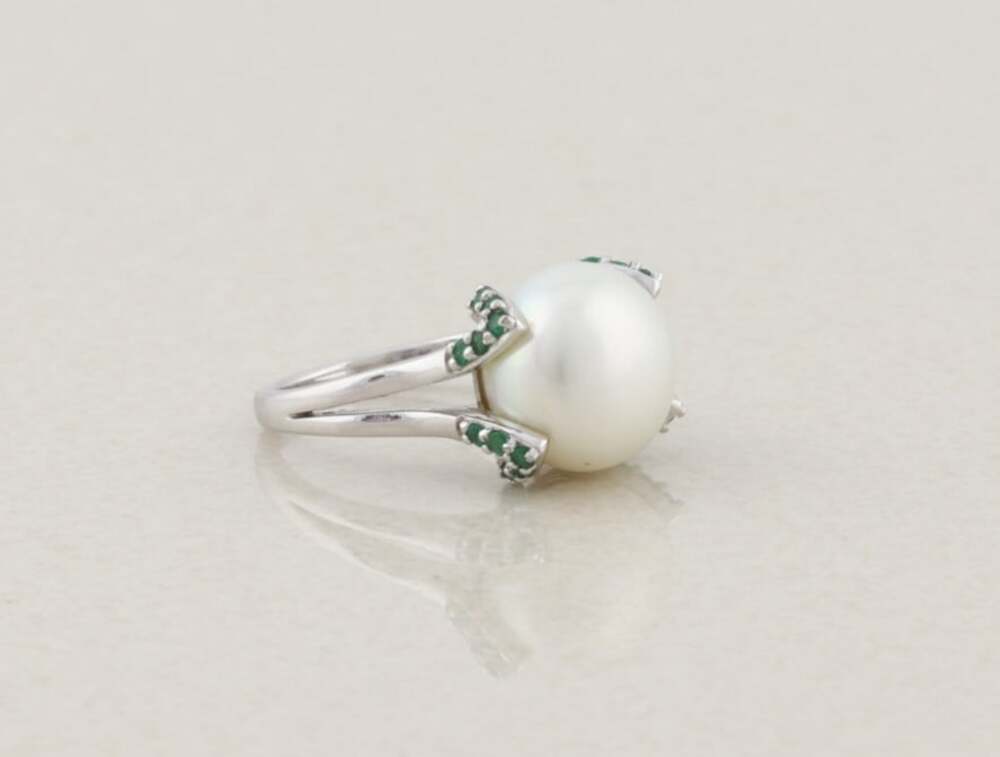 Sterling Silver Honora Freshwater Pearl & Emerald Ring Size 6